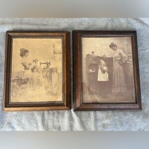 R.‎ HENDRICKSON set of 2 prints Cooking with Mama Woman Sewing wooden vintage